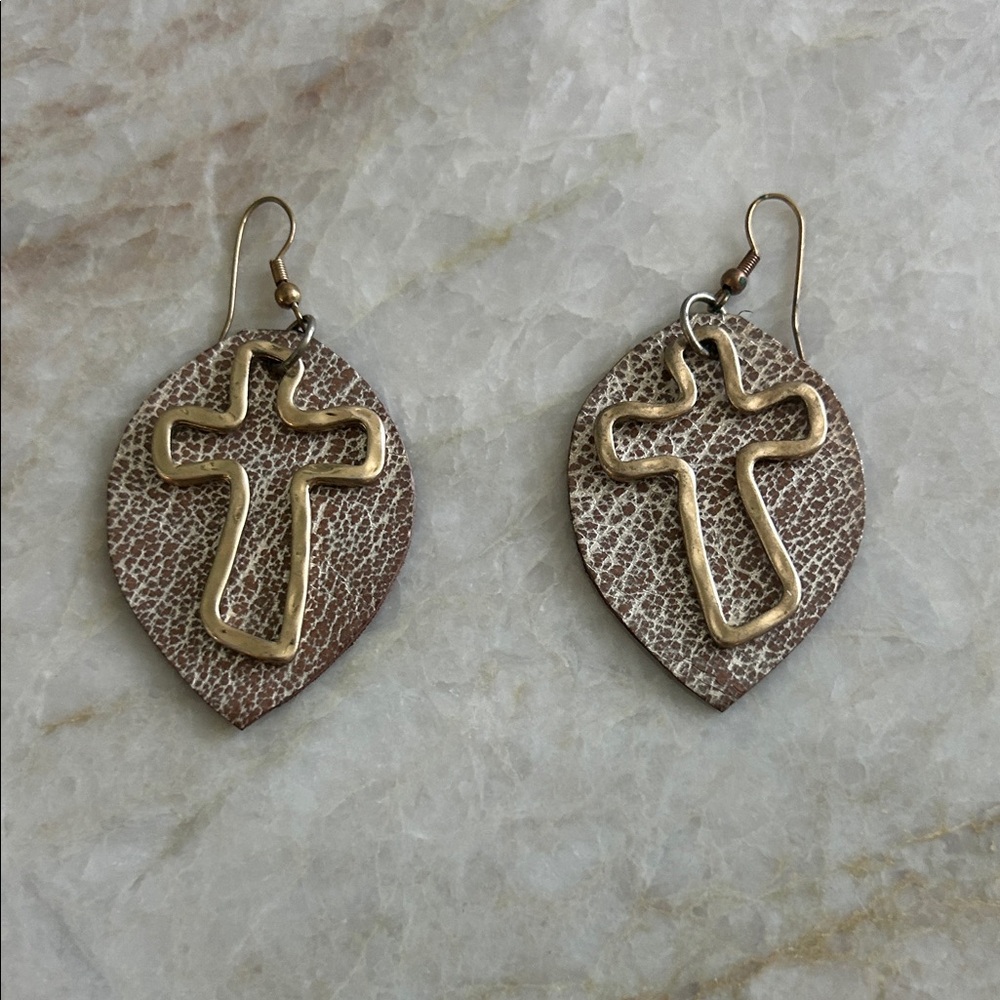 Gold Cross Leather Teardrop Earrings - Brown and Gold leather